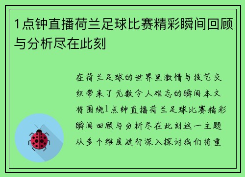 1点钟直播荷兰足球比赛精彩瞬间回顾与分析尽在此刻